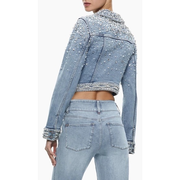 Alice + & Olivia Nelson Crystal Embellished Cropped Denim Jean Jacket Small Blue - Picture 4 of 11